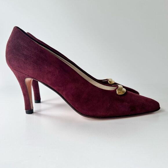 Bally Vintage New Old Stock Burgundy Suede Jeneffe Pumps w/ Gold Crescent 8 - Picture 2 of 11